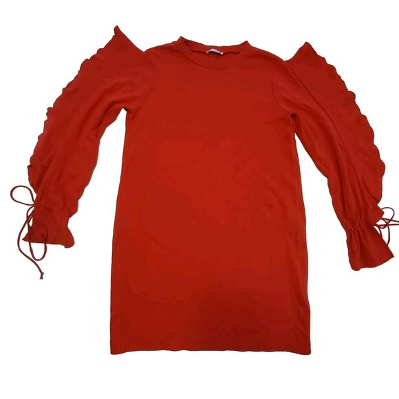 Zara Womens Red Open Sleeve Ruffled Mini Sweater Dress Sz Medium - Picture 2 of 9